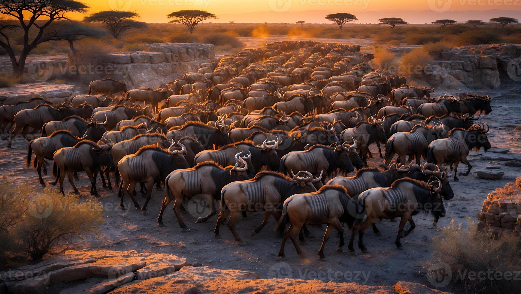 Wildebeest Migrating Across African Plains During Sunset Light photo