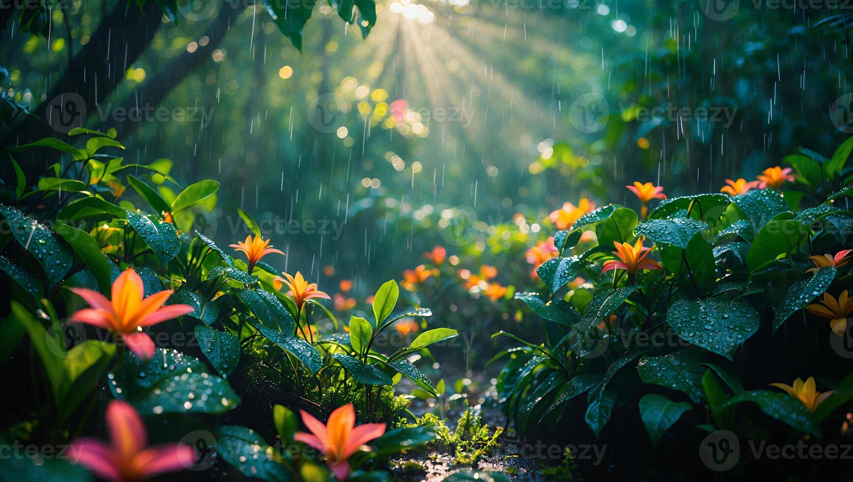 Orange Flowers in Forest During Rainfall with Sunlight Streaming Through photo