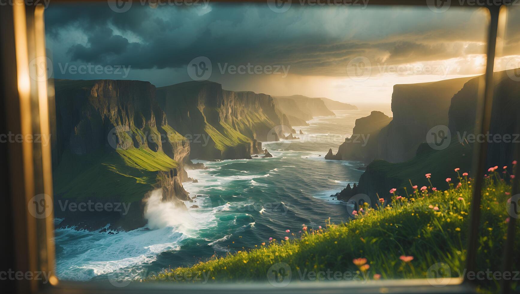Viewing Dramatic Coastal Cliffs and Ocean Waves Through Open Window photo
