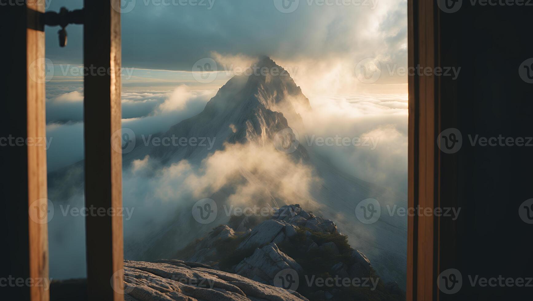 Mountain Peak View Through Wooden Frame with Clouds and Sunlight photo