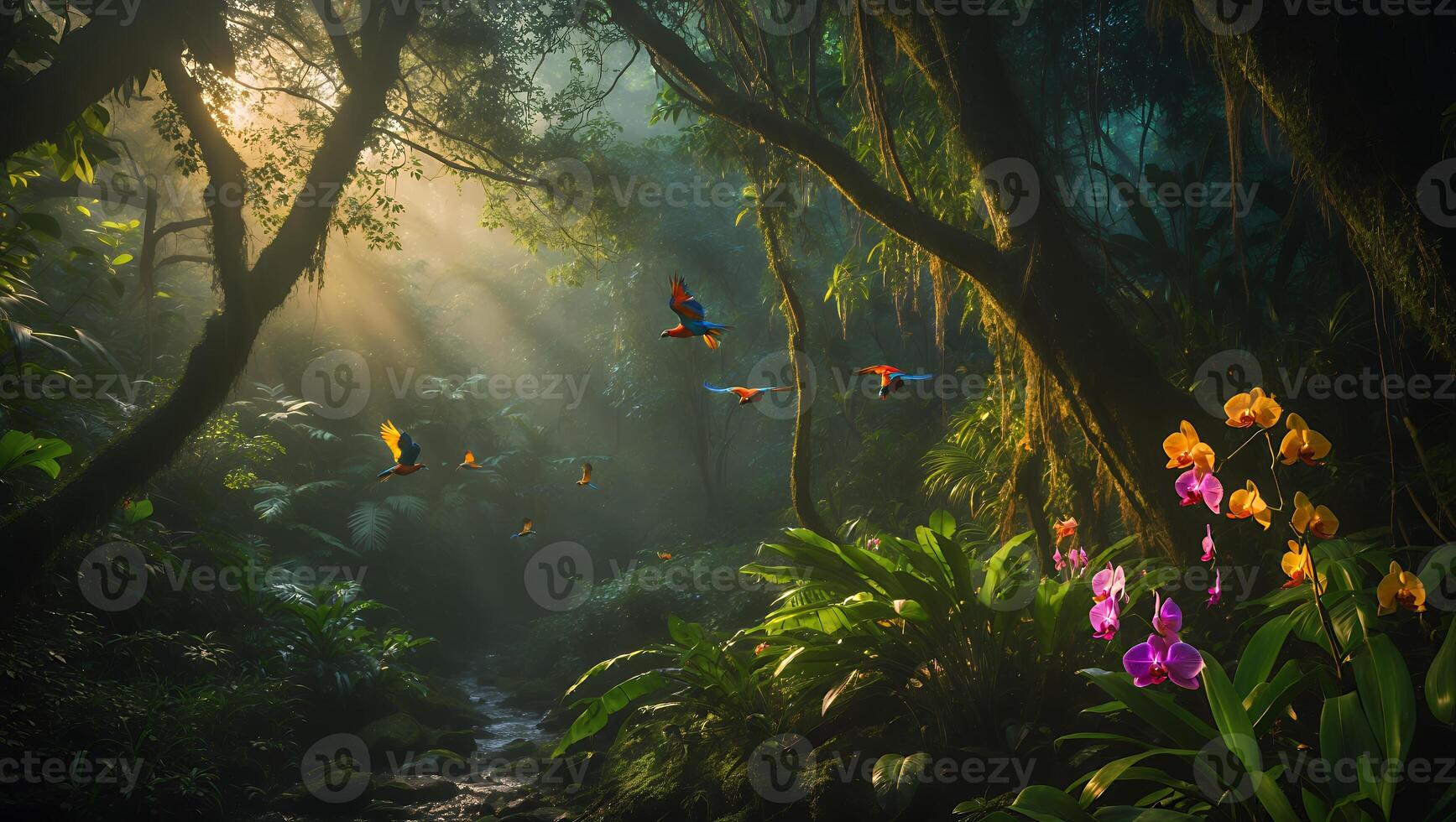 Flying Macaws in Lush Jungle with Sunlight Streaming Through Trees photo
