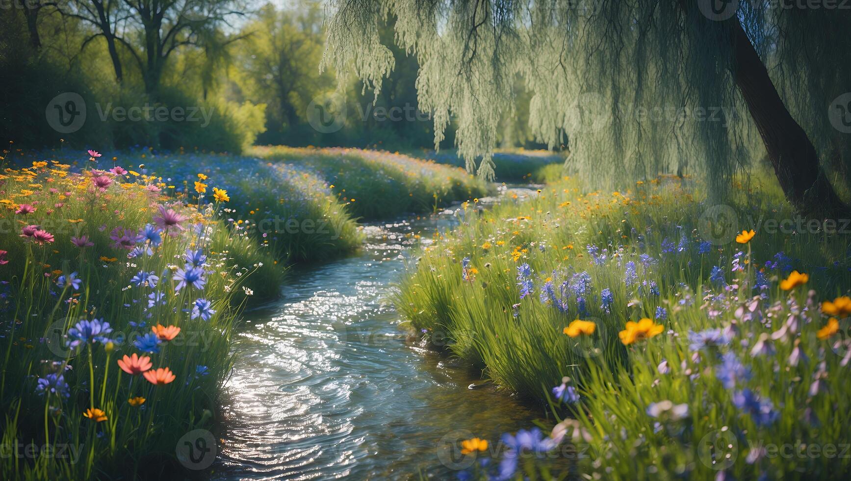 Stream Flowing Through Wildflower Meadow on Sunny Spring Day photo