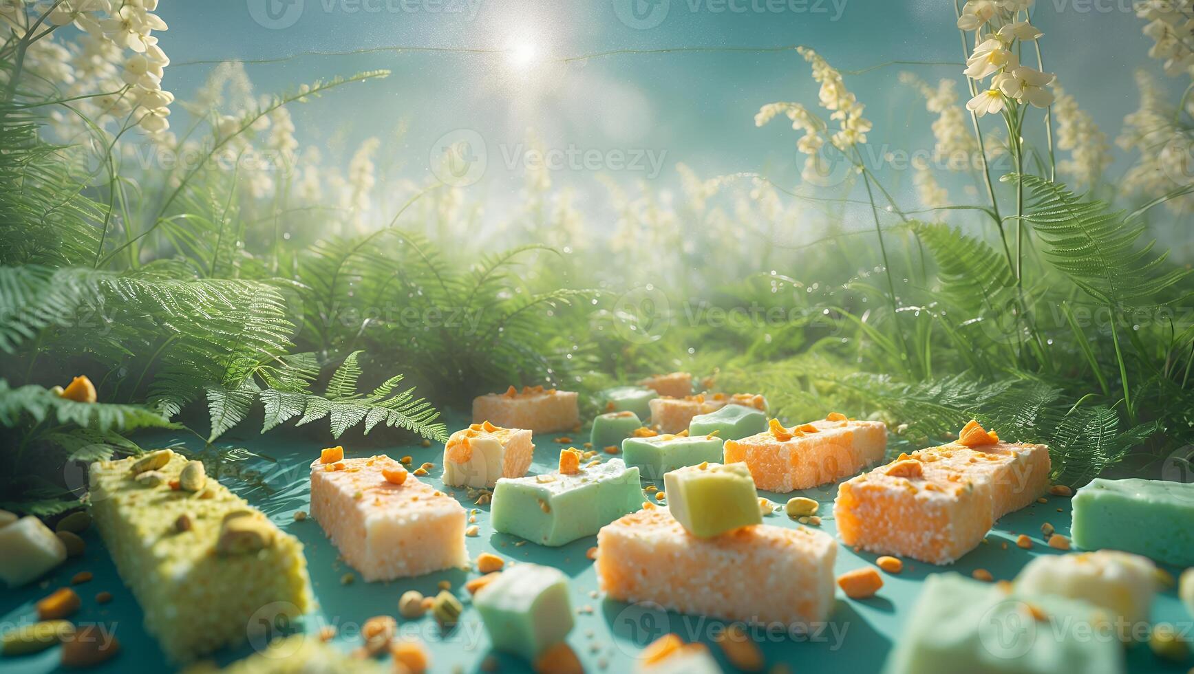 Arrangement of Colorful Candies on Surface with Ferns and Sunny Sky photo