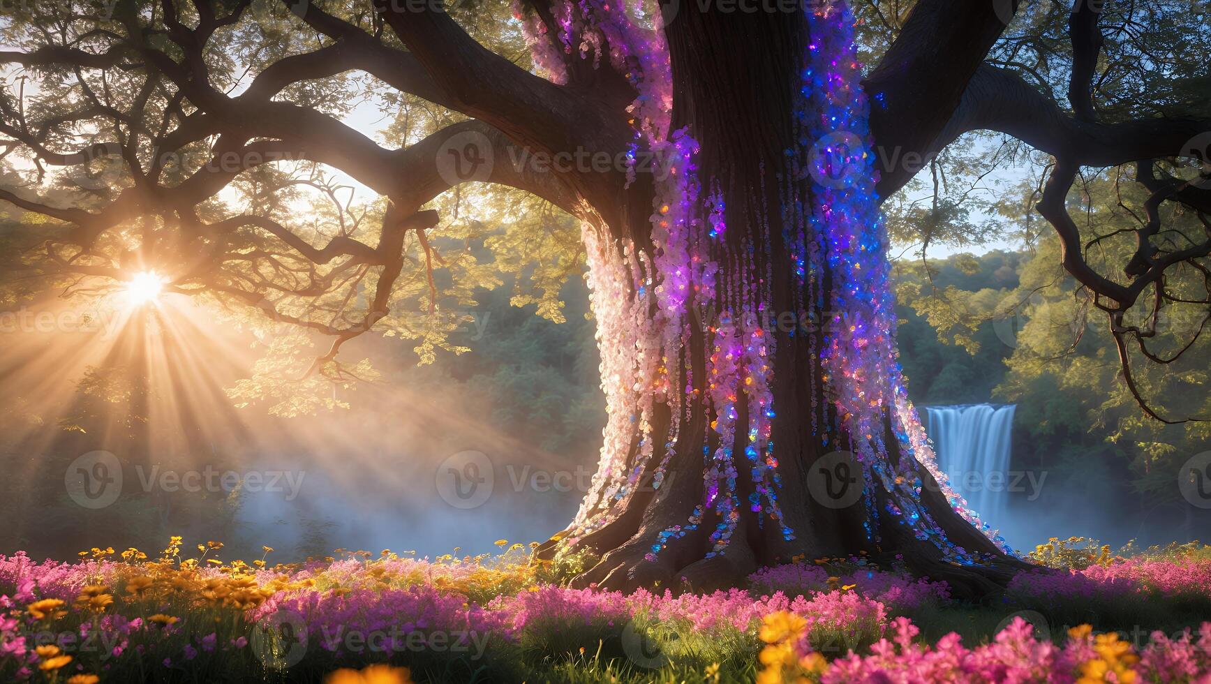 Enchanted Tree Glowing with Lights in a Dreamy Flower Meadow Scene photo