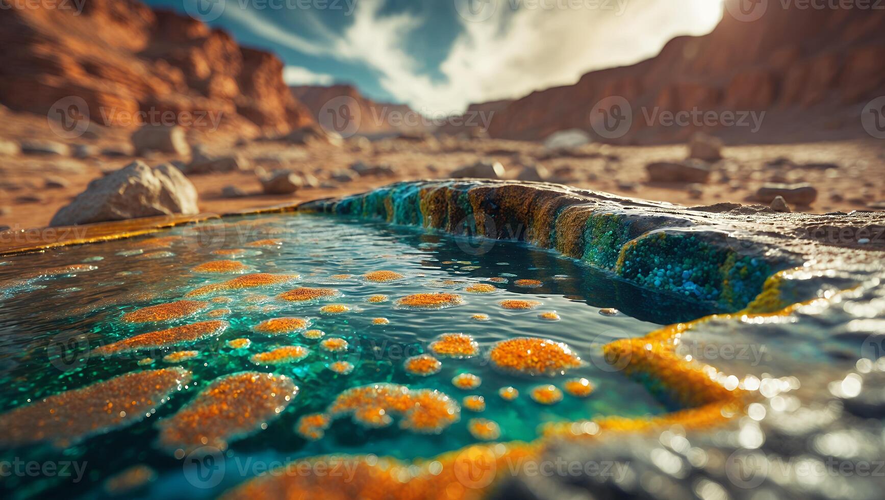 Water Flowing Over Rock Formation in Desert Landscape Scene photo