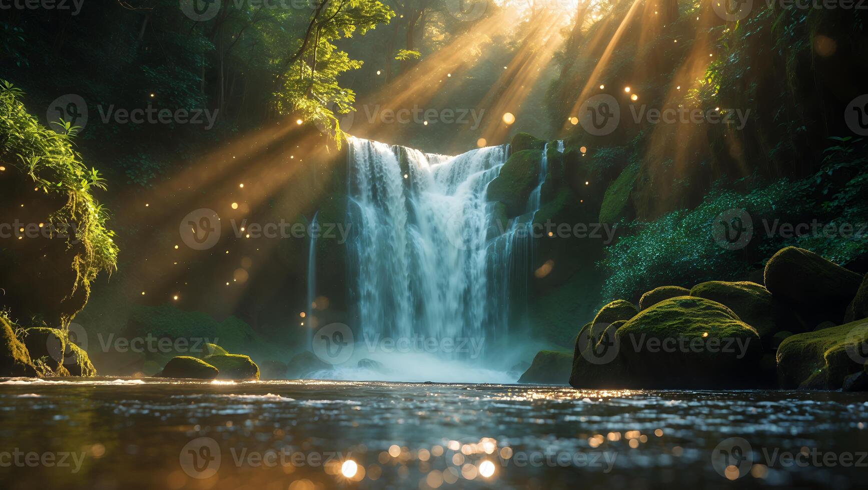 Waterfall Flowing in a Lush Forest with Sun Rays Shining Through photo