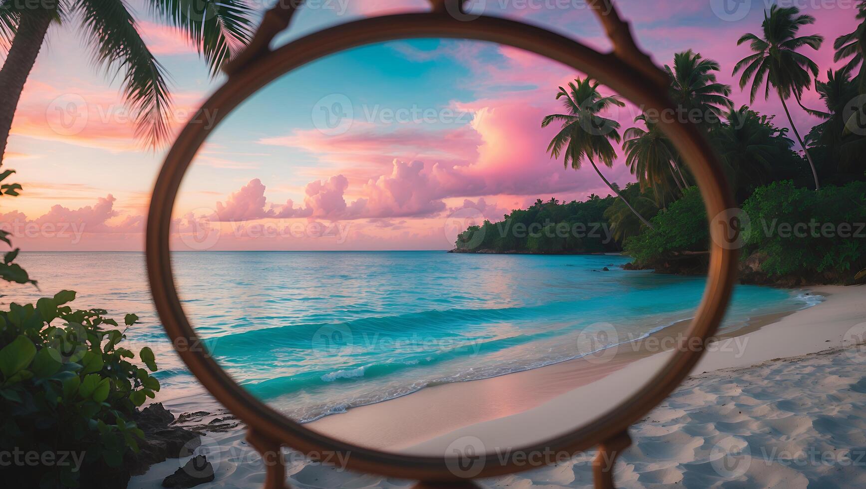 Tropical Beach Scene Reflected in Mirror at Sunset with Palm Trees photo