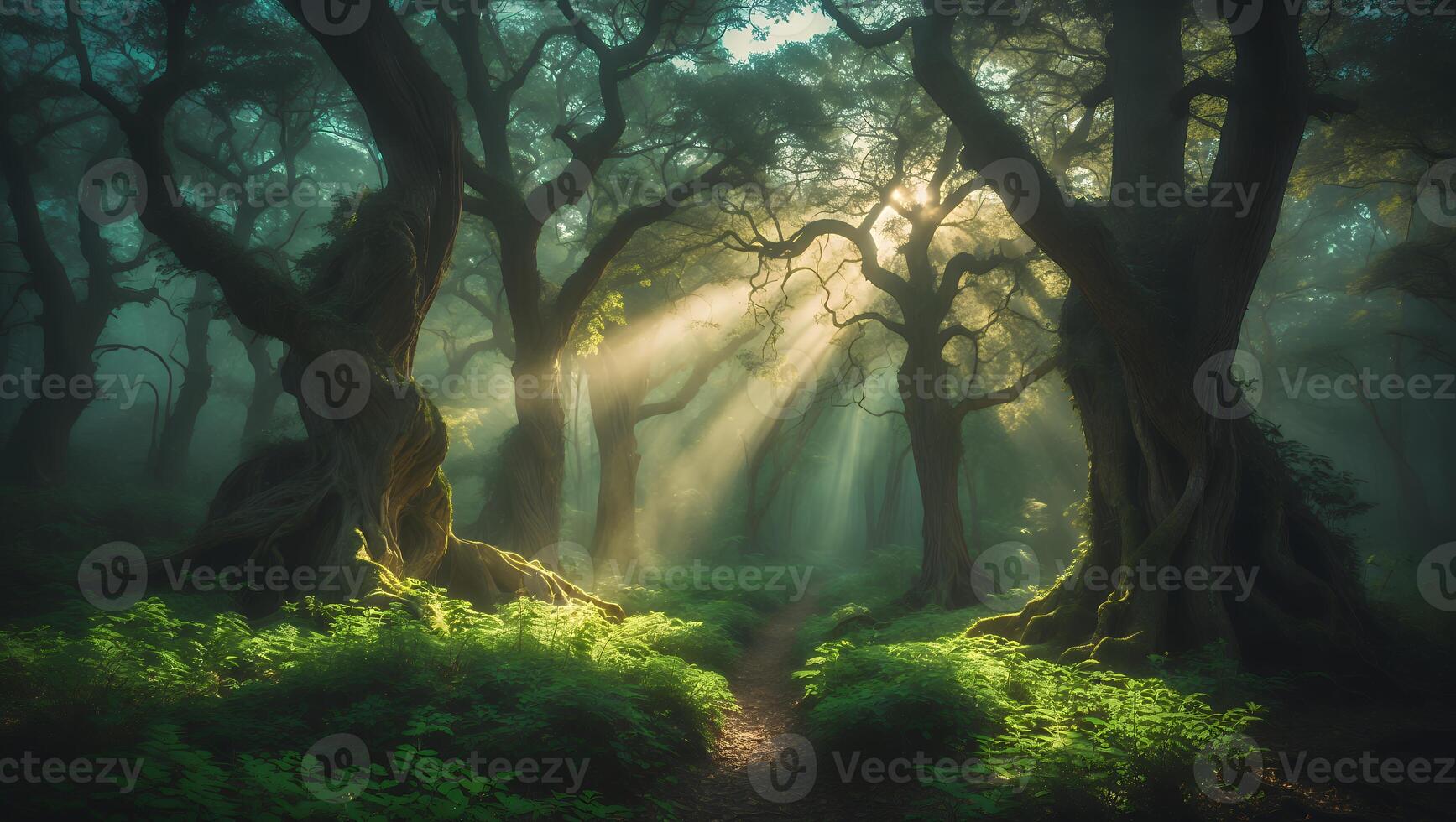 Sun Rays Shining Through Misty Forest with Lush Green Undergrowth photo