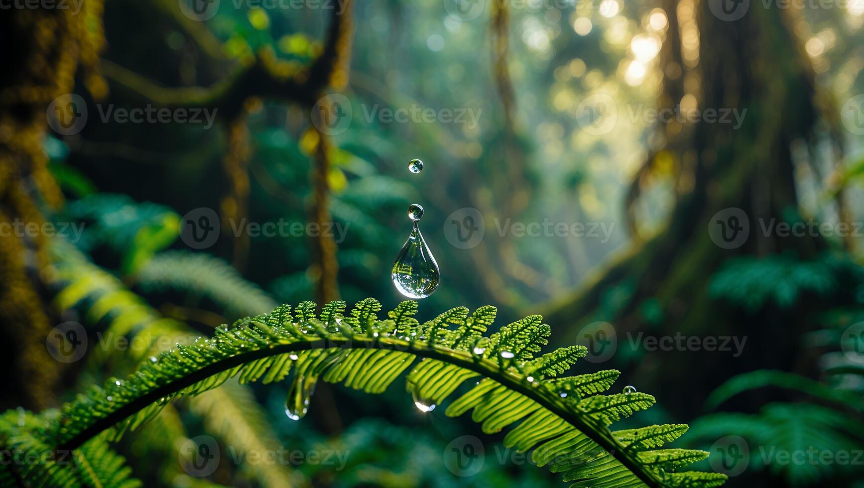 Water Drop Falling Onto Fern Leaf in Lush Green Forest photo