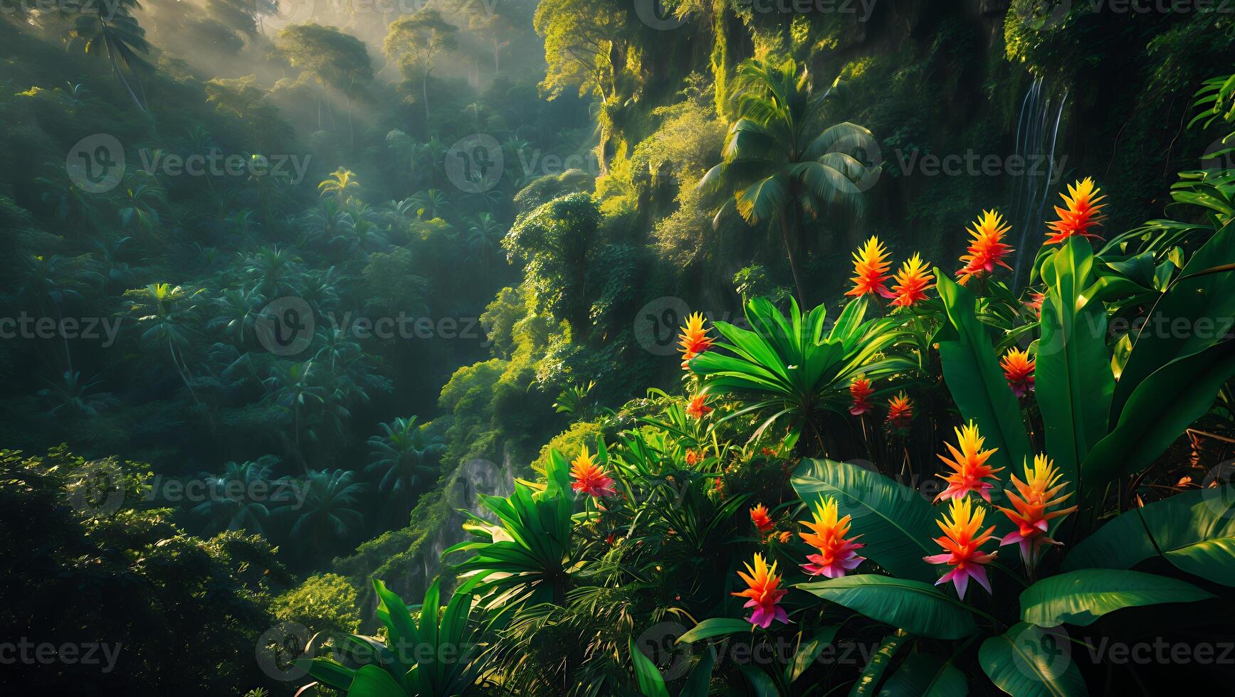 Vibrant Flowers and Tropical Forest Landscape with Lush Greenery photo