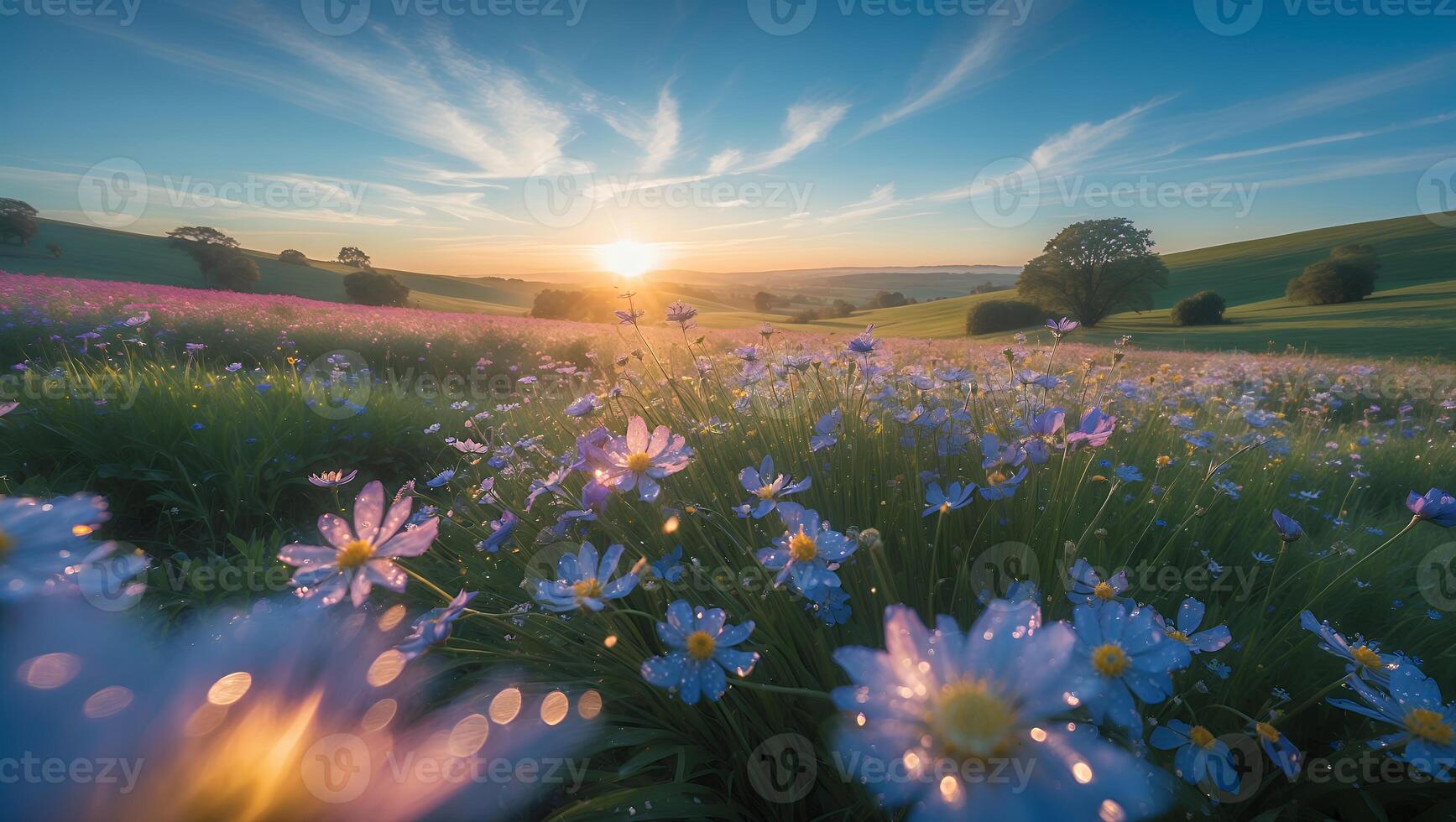 Field of Flowers Blooming at Sunrise with Dew Drops and Meadow photo