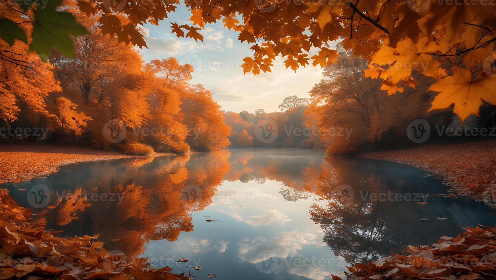Reflecting Autumn Foliage on a Calm Lake Surface in Nature photo