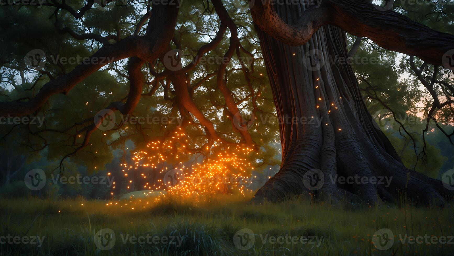 Magical Forest Glowing Light Effect Underneath a Large Spreading Tree photo