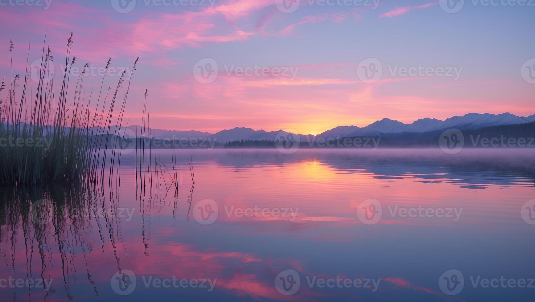 Reflecting Lake at Sunset with Pink Sky and Distant Mountains photo