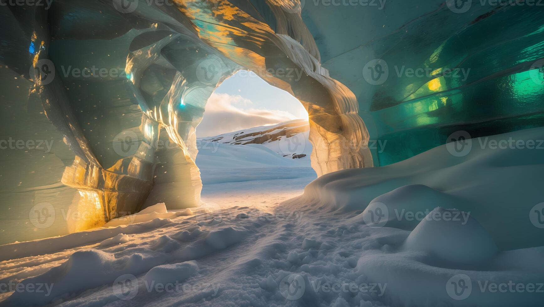 Exploring Inside an Ice Cave Tunnel with Sunlight on Snowy Ground photo