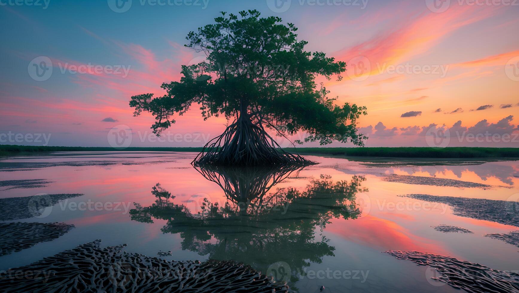 Tree Standing in Water Reflecting Colorful Sky at Peaceful Sunset photo