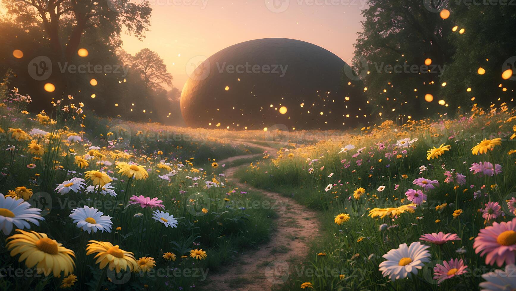 Walking on Path Through Field of Flowers with Glowing Orbs photo