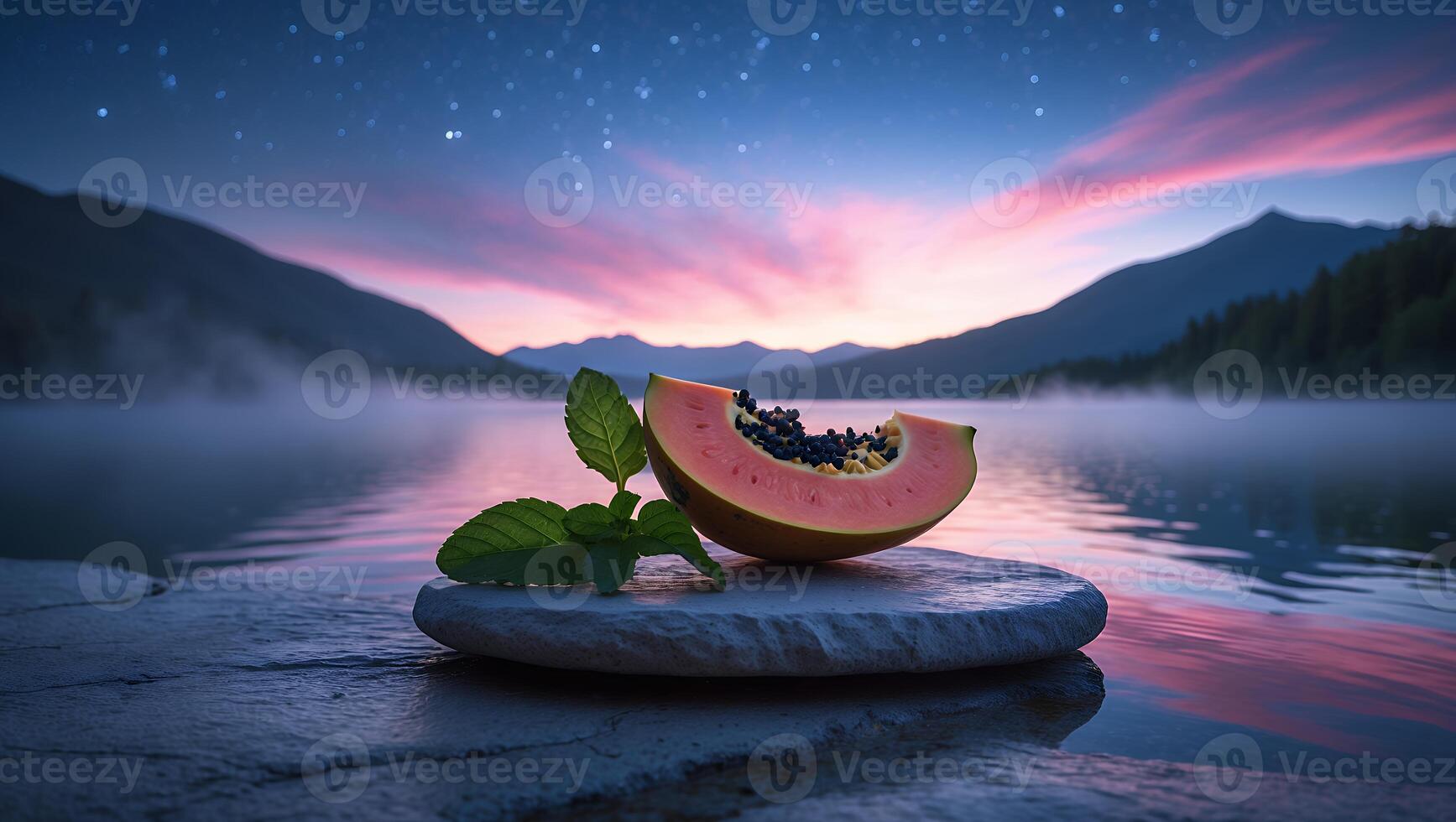 Papaya Slice by Lakeside with Mint at Dusk or Dawn photo