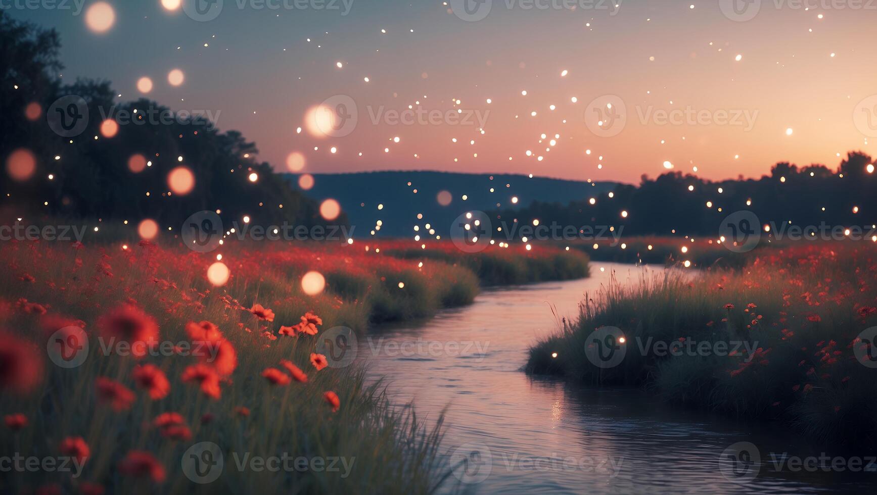 Tranquil Stream Flows Through Meadow at Dusk with Sparkling Lights photo