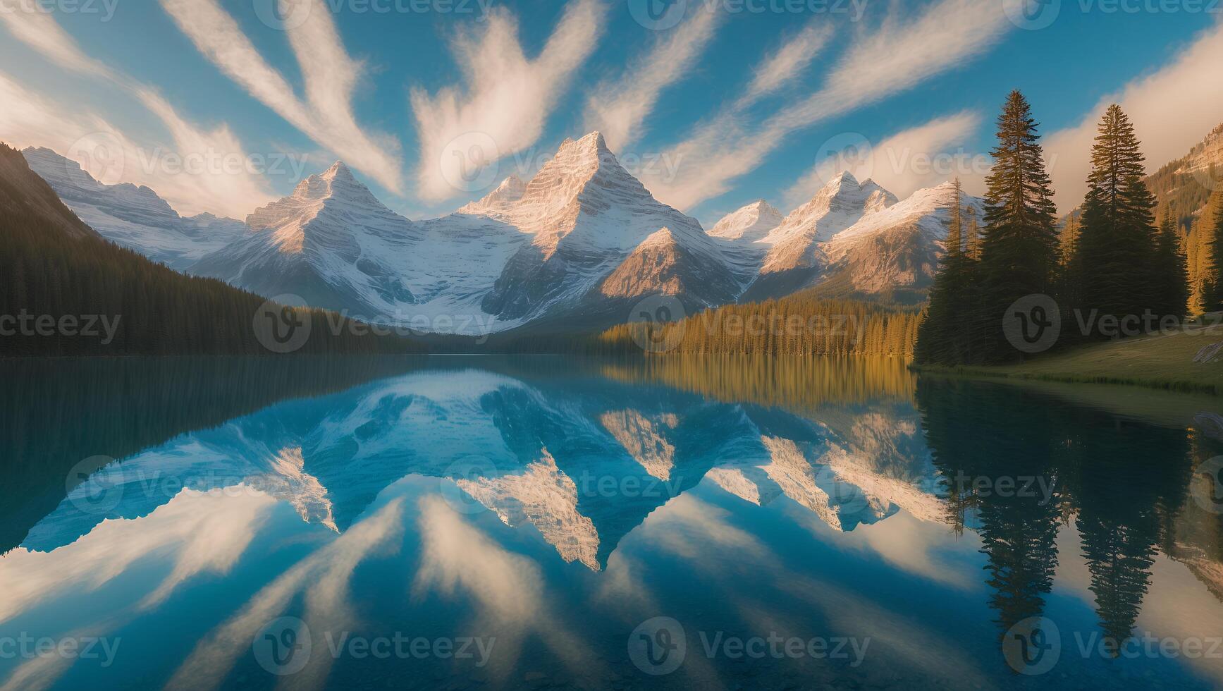 Mountain Peaks Reflecting in Lake Under Dramatic Sky Landscape Scene photo