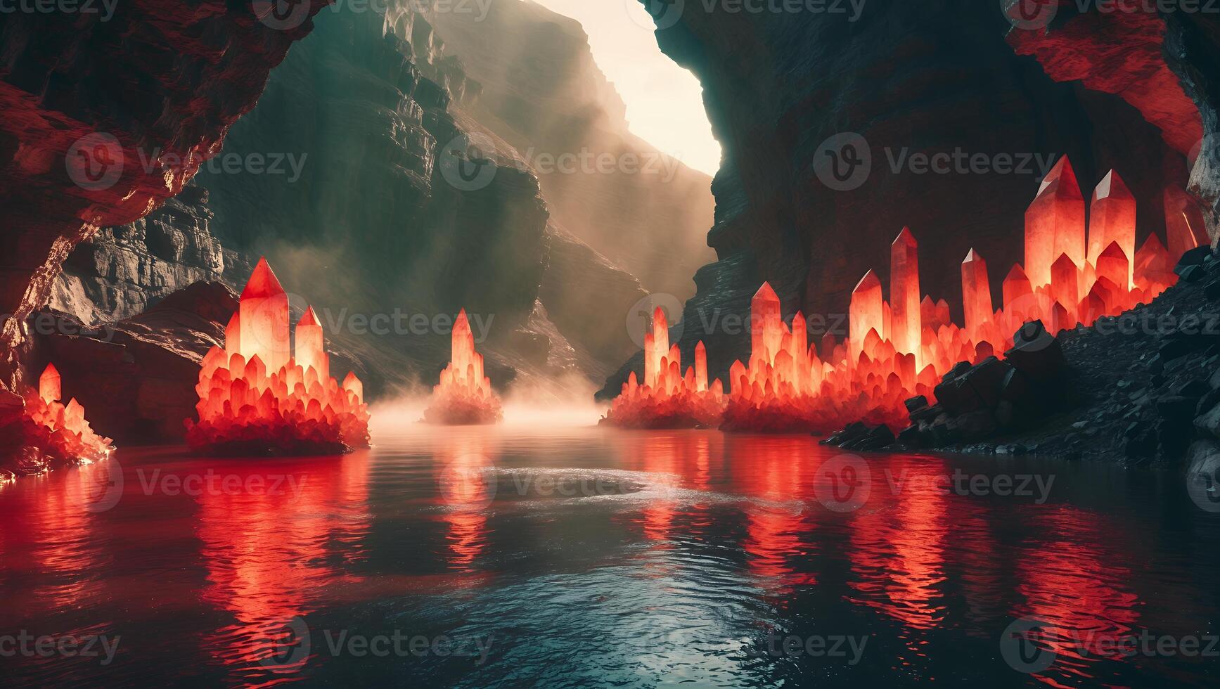 Red Crystals in Cave Reflecting on Water Surface with Fog photo