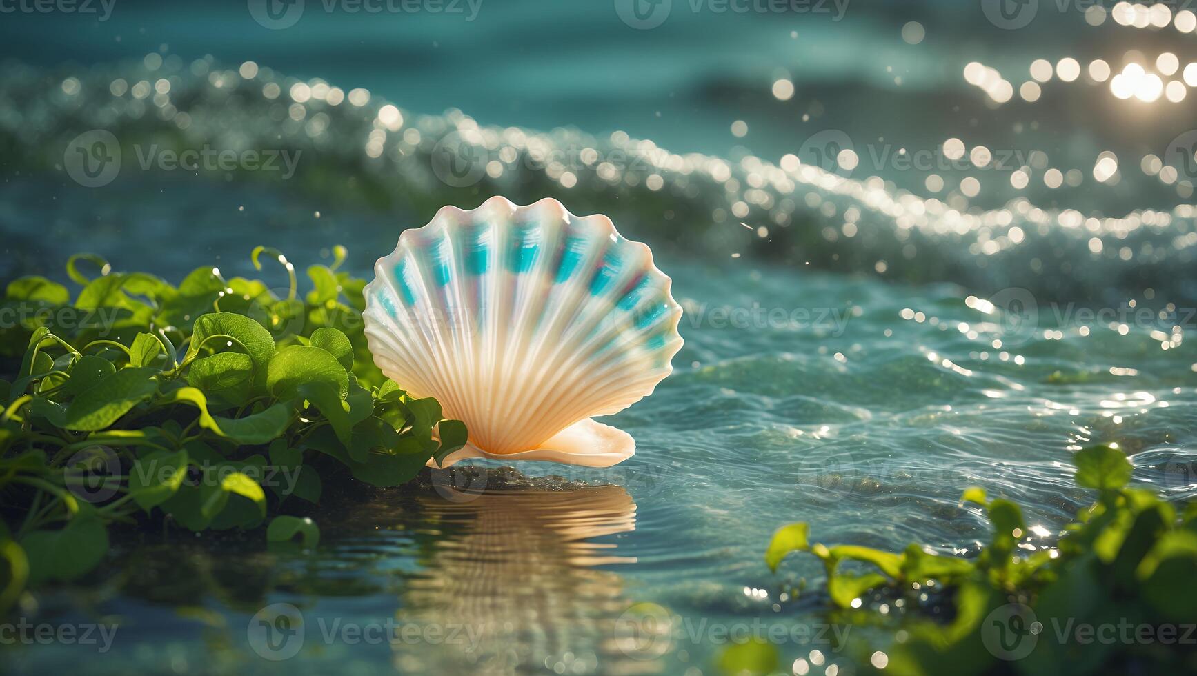 Seashell by Gentle Ocean Waves on Coastline with Green Vegetation photo