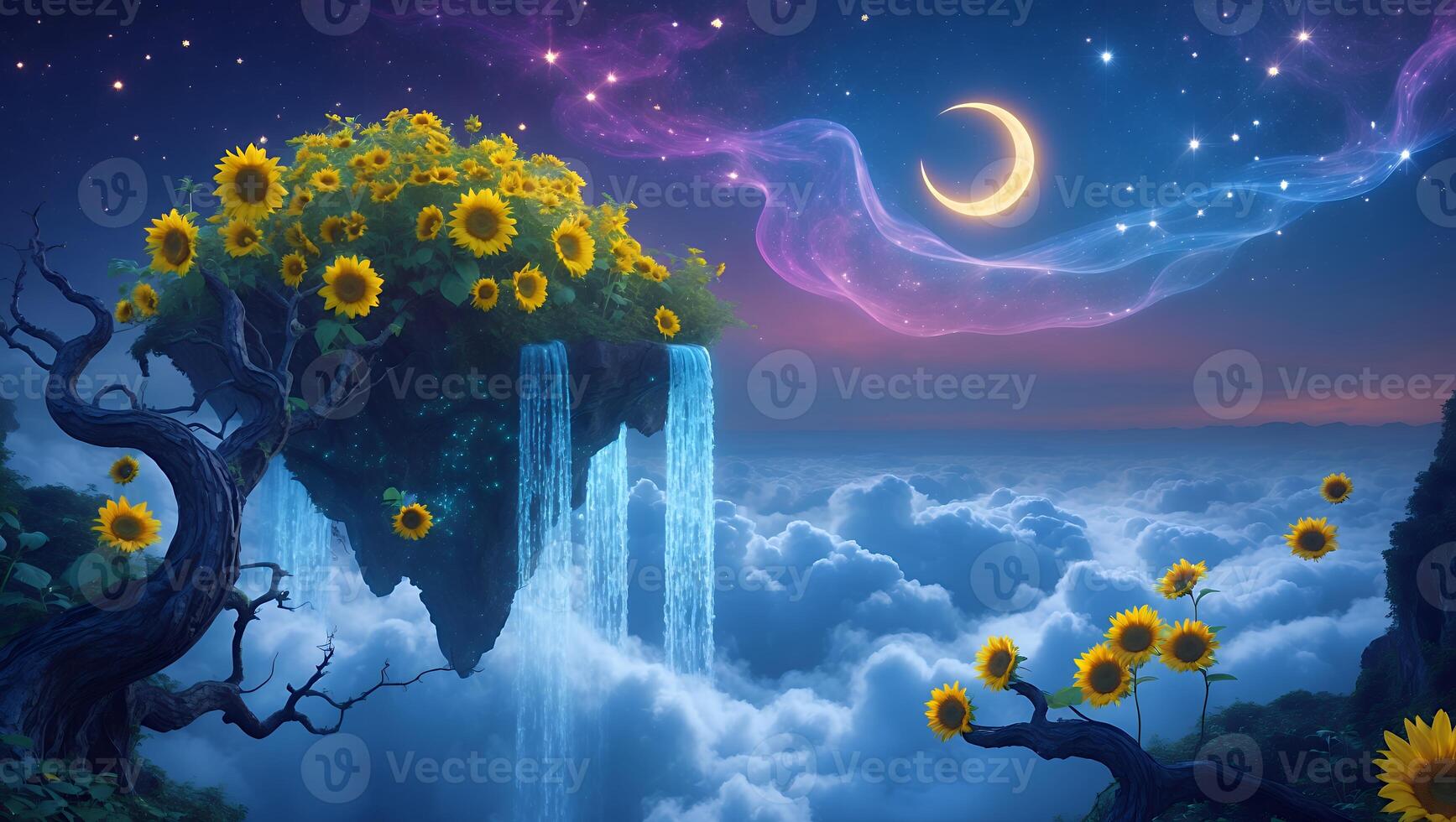 Floating Island with Sunflowers and Waterfall in a Dreamlike Sky photo