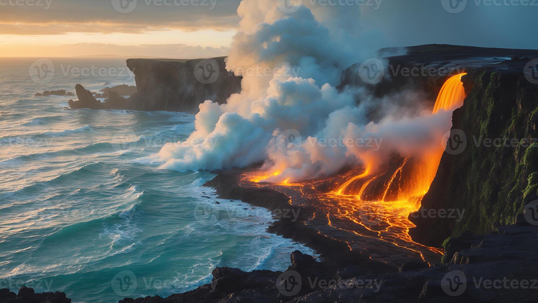 Lava Flowing Into Ocean Creating Steam During Sunrise photo