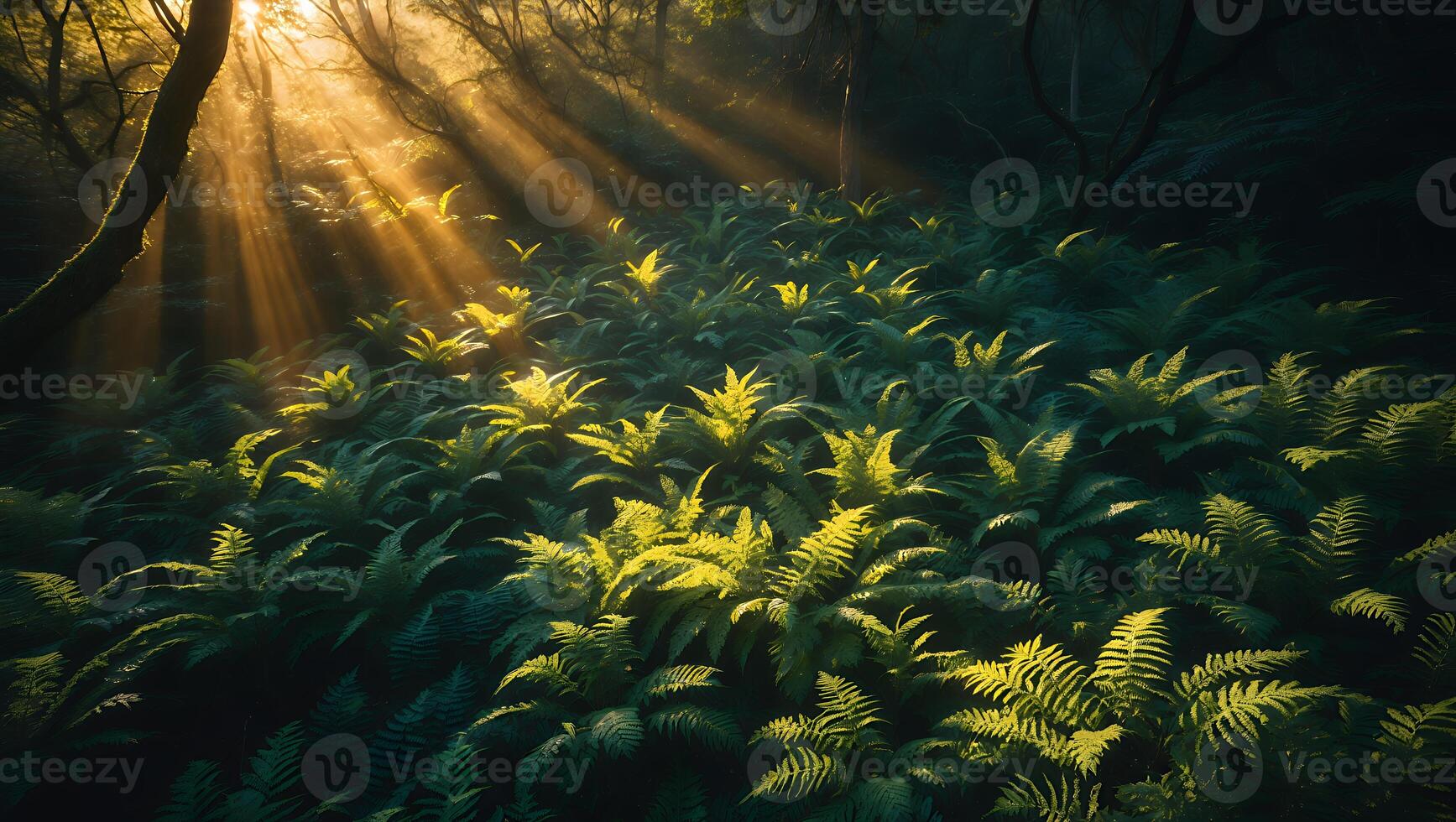 Sun Rays Shining Through Forest Trees Illuminating Ferns Ground Cover photo