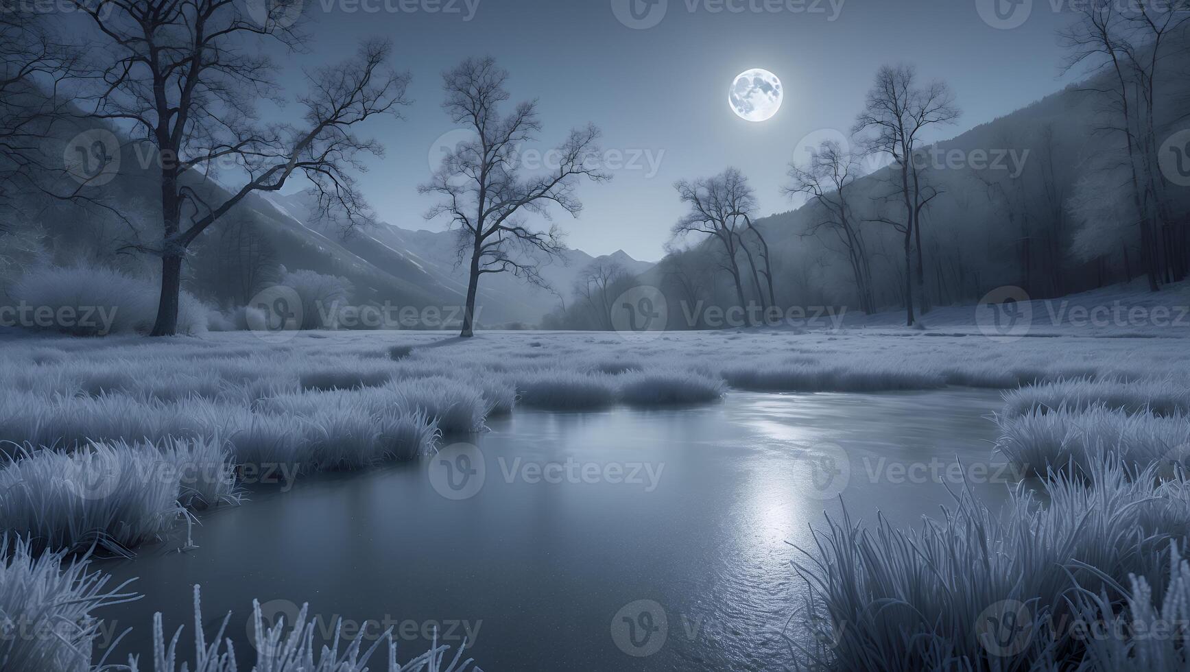 Frozen Winter Landscape with Pond, Snow Covered Trees, and Moon photo