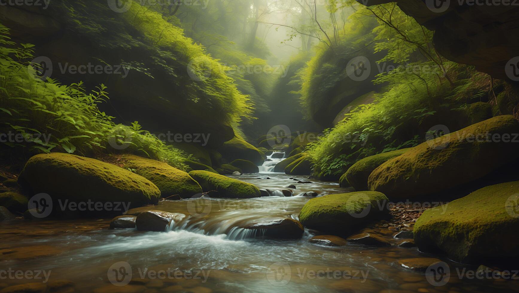 Flowing Stream Through Forest Gorge with Mossy Rocks and Greenery photo
