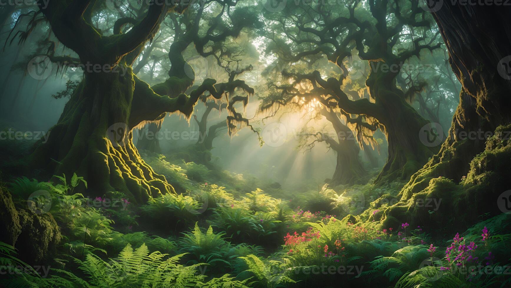 Sun Rays Shining Through Mossy Trees in a Lush Forest Scene photo