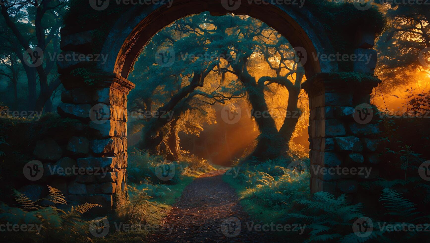 Walking Path Through the Forest with Stone Archway at Sunset photo
