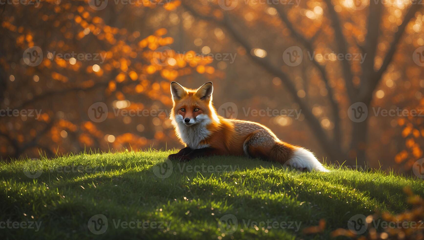 Fox Resting on Grassy Hill with Autumn Foliage Background photo