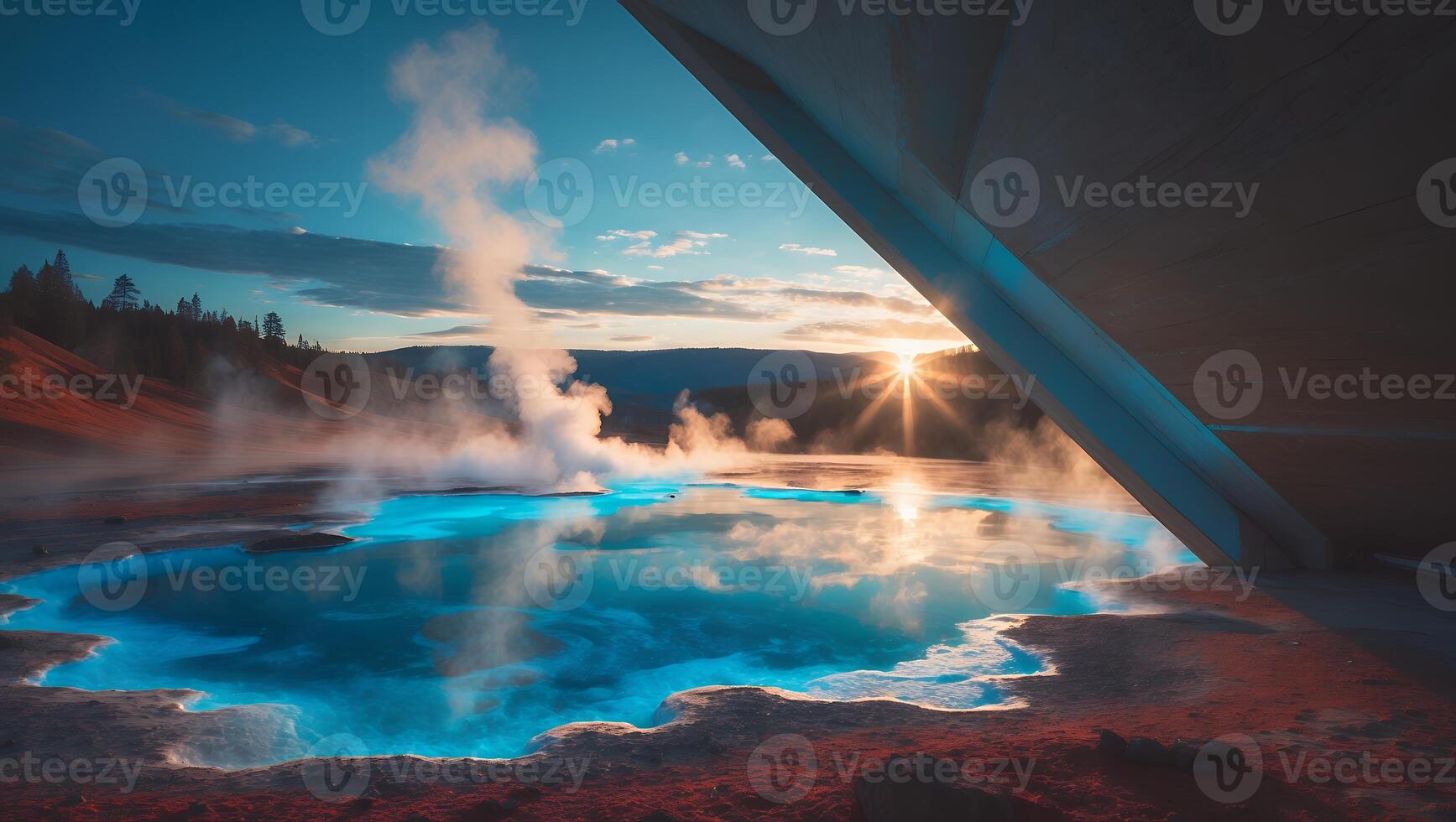 Geothermal Hot Spring Steam Rises in Mountain Landscape at Sunset photo