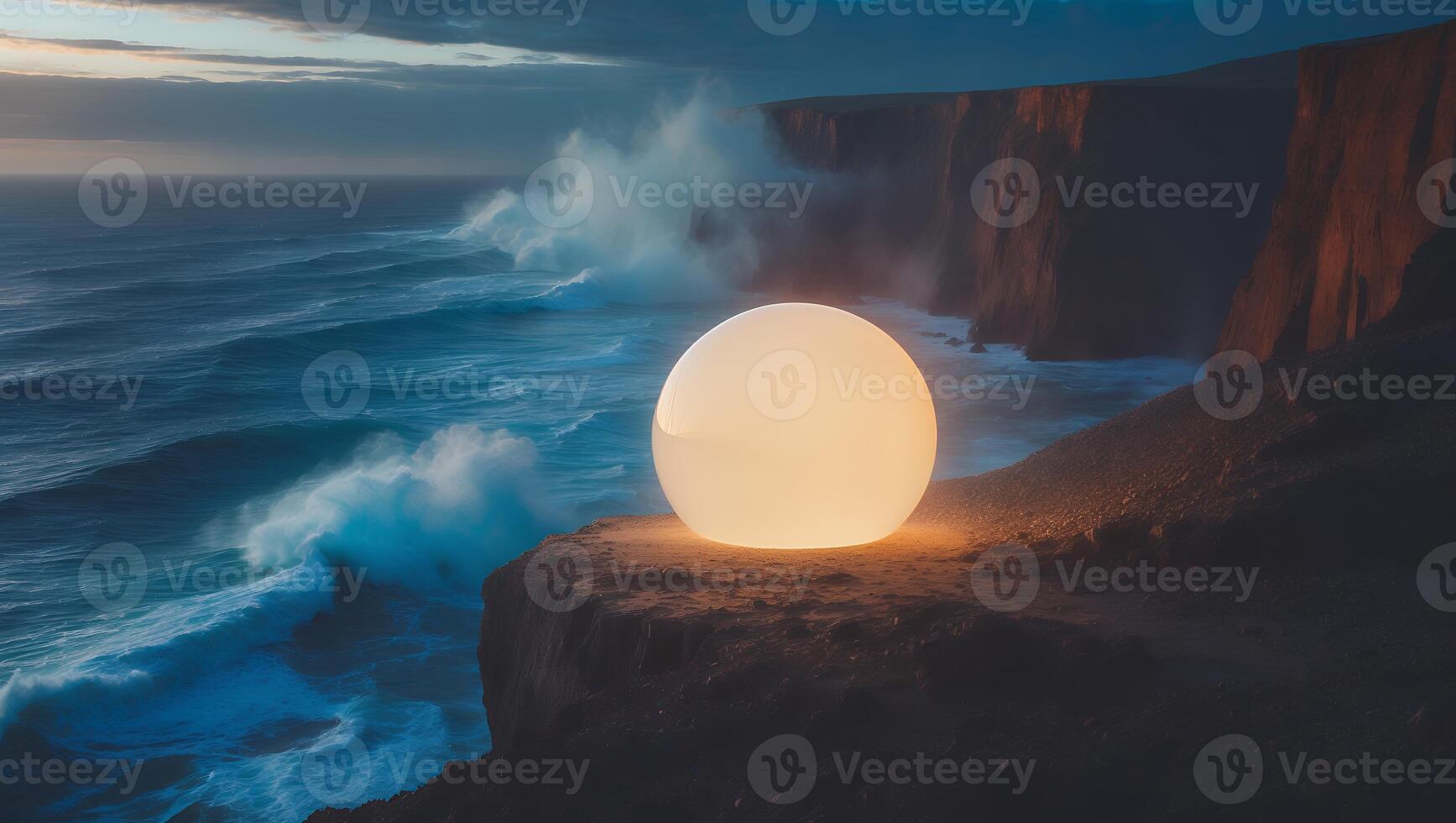 Glowing Sphere on Cliff Edge Overlooking Crashing Ocean Waves Landscape photo