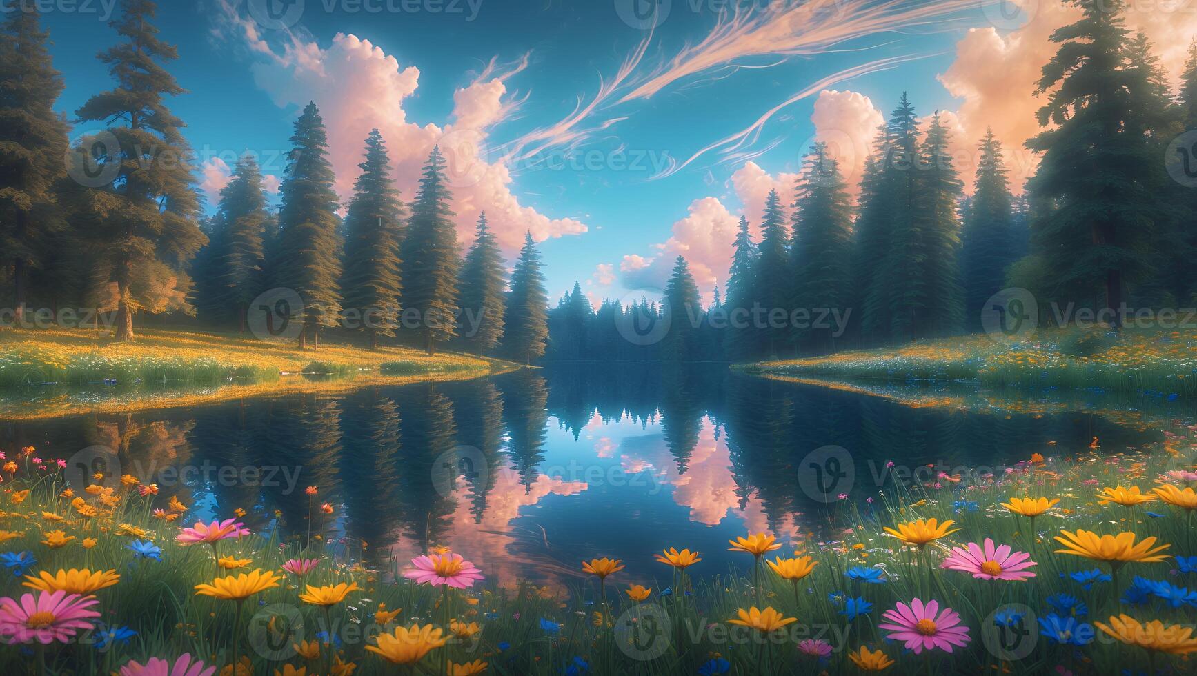 Reflecting Lake Surrounded by Forest and Wildflowers Landscape Scenery photo