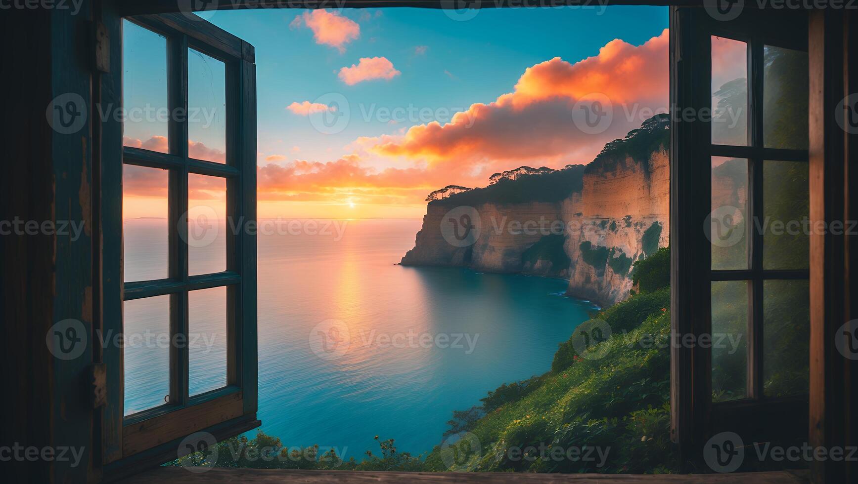 Viewing Coastal Sunset From Window Overlooking Cliffs and Ocean photo