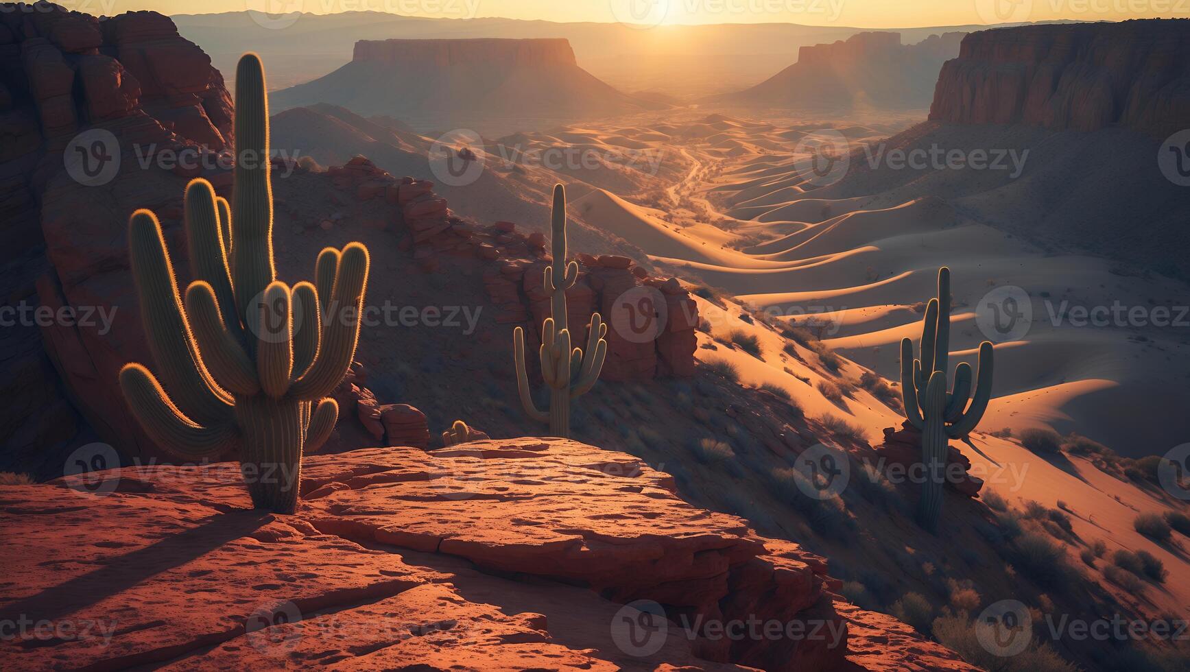 Cactus Landscape at Desert Valley at Sunset with Glowing Sunlight photo