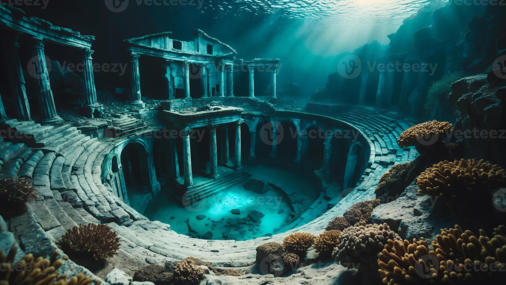 Exploring Ancient Underwater Ruins with Coral and Sunlit Water photo