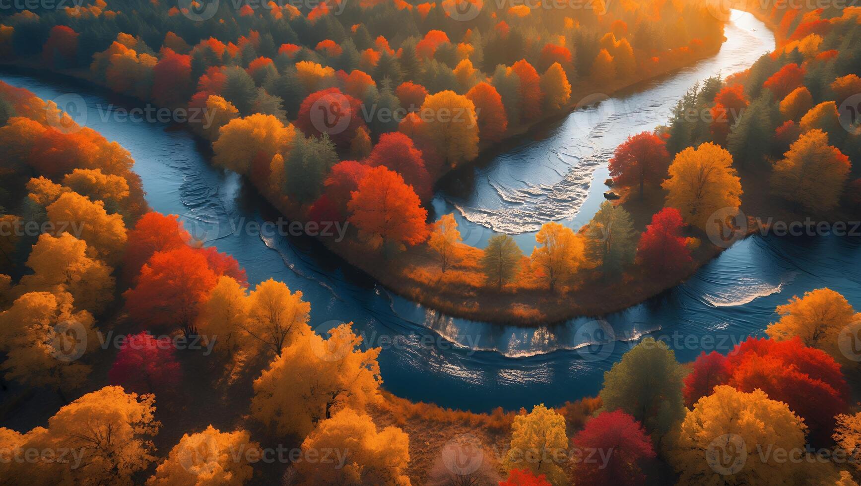 River Flowing Through Autumn Forest with Colorful Trees From Above photo