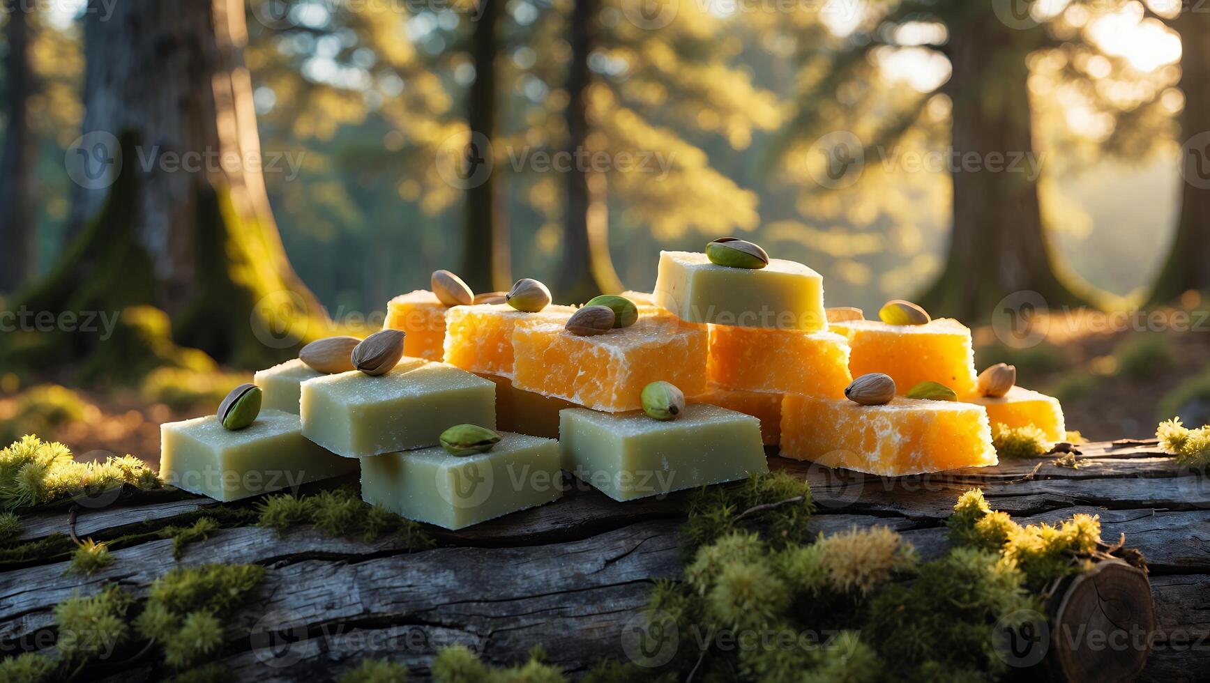 Artisanal Soaps with Nuts Stacked on Mossy Log in Forest photo