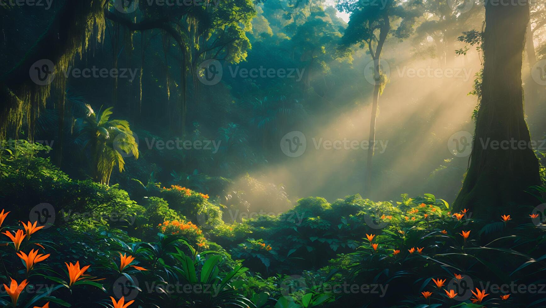 Sunlight Filtering Through Dense Tropical Forest with Lush Vegetation photo