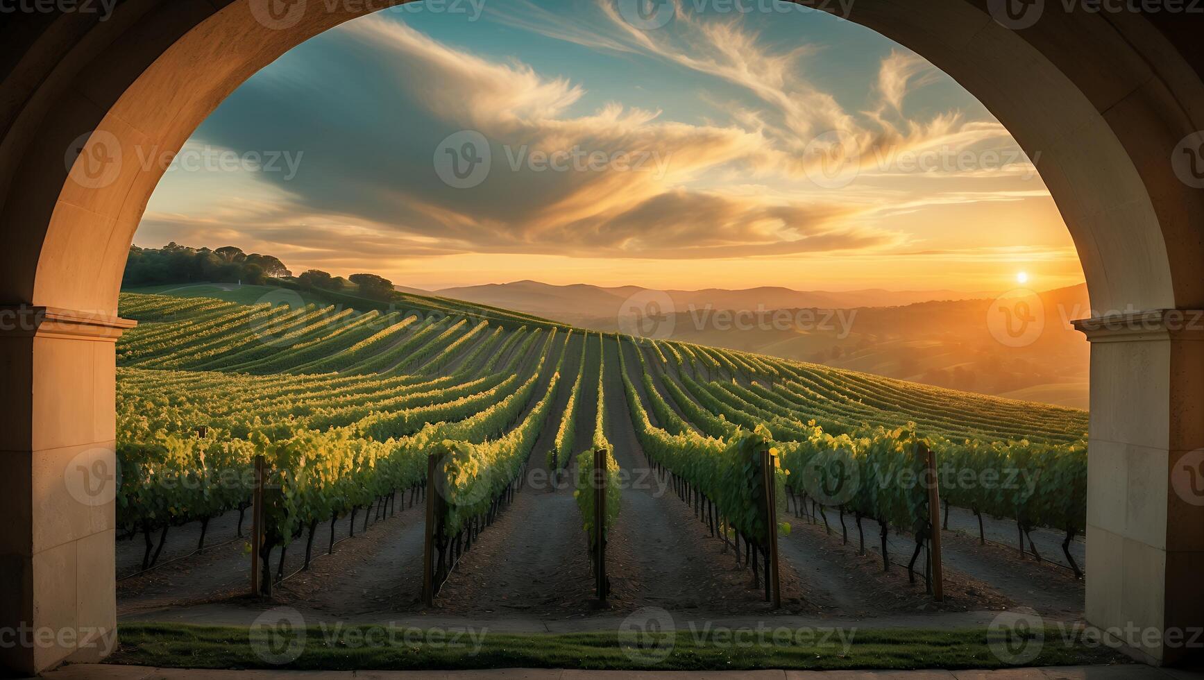 Vineyard Landscape Through Archway at Sunset with Rows of Grapevines photo