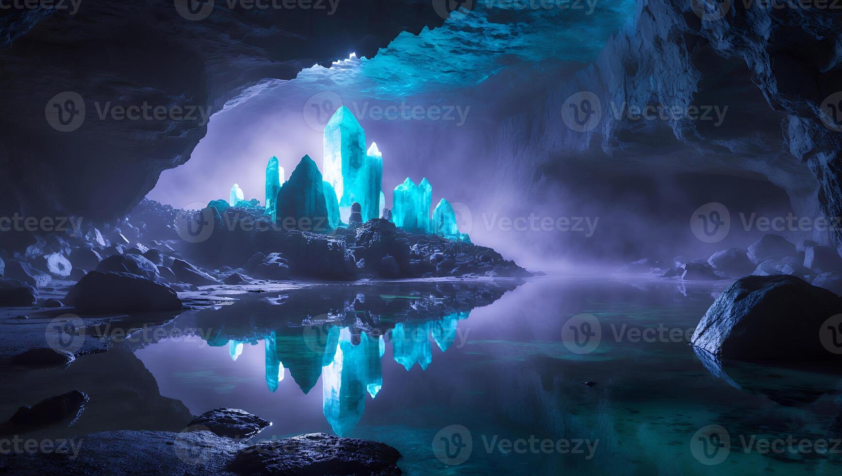 Glowing Crystals Reflected in Cave Lake Creating Magical Environment photo