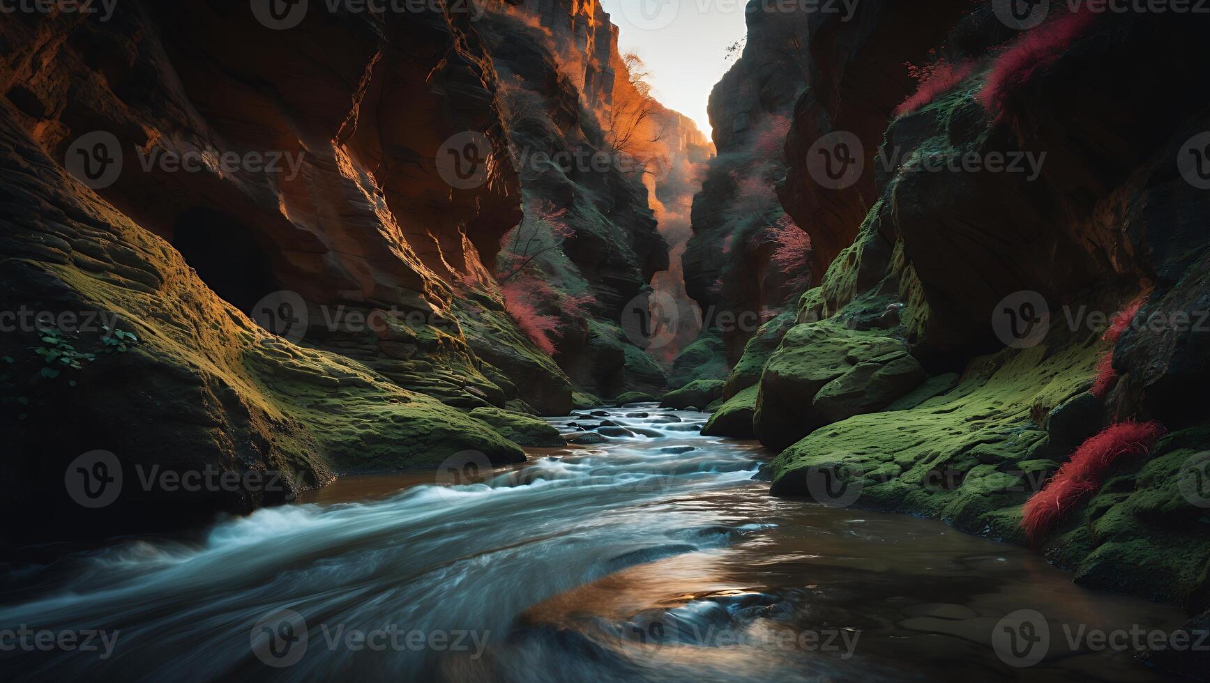 River Flowing Through Rocky Canyon with Moss and Sunlight photo