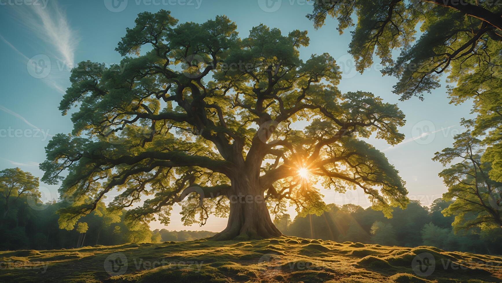 Majestic Tree Silhouette at Sunset with Sunlight Streaming Through Branches photo