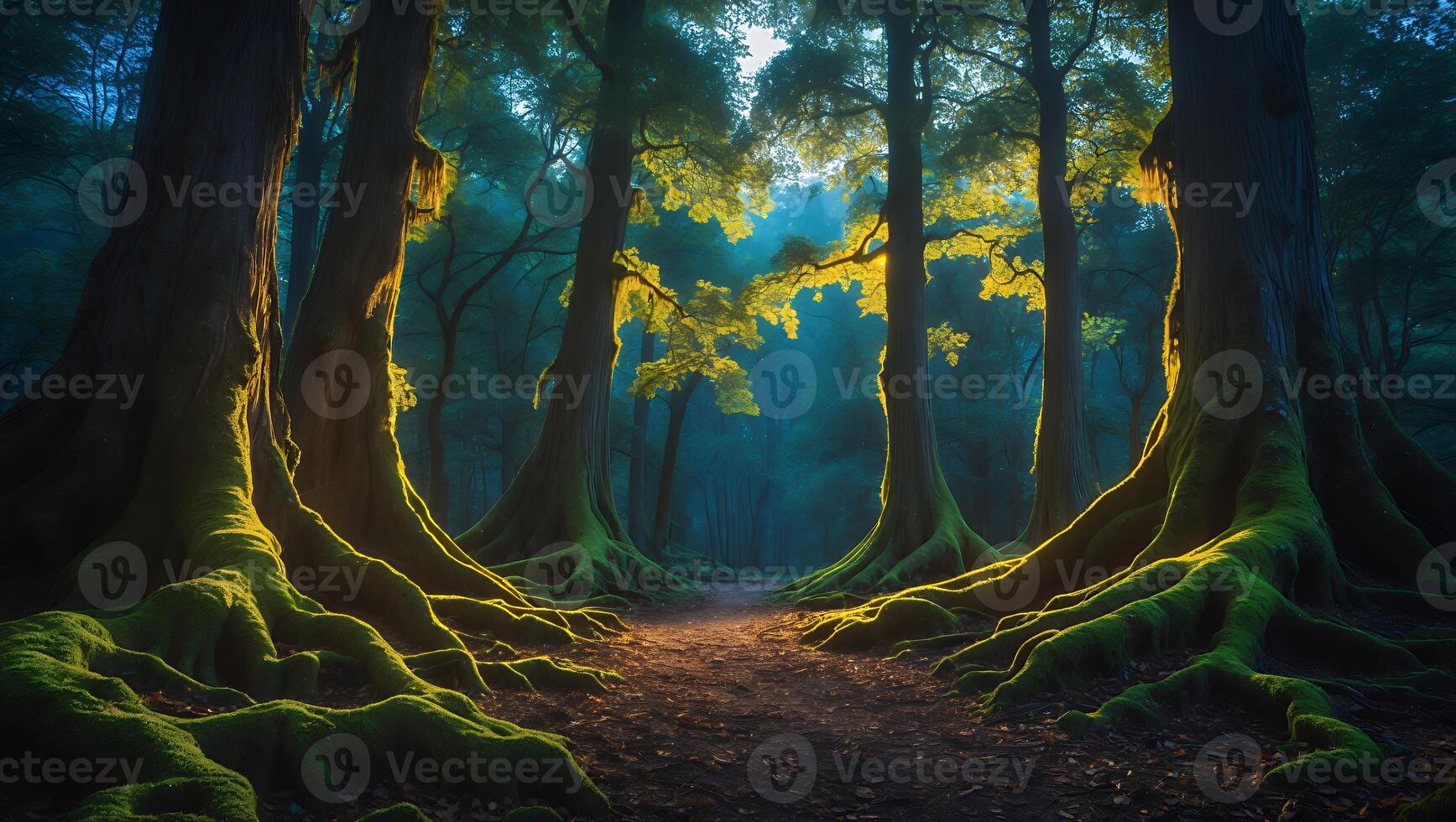 Walking Path Through a Forest with Sunlight and Green Moss photo