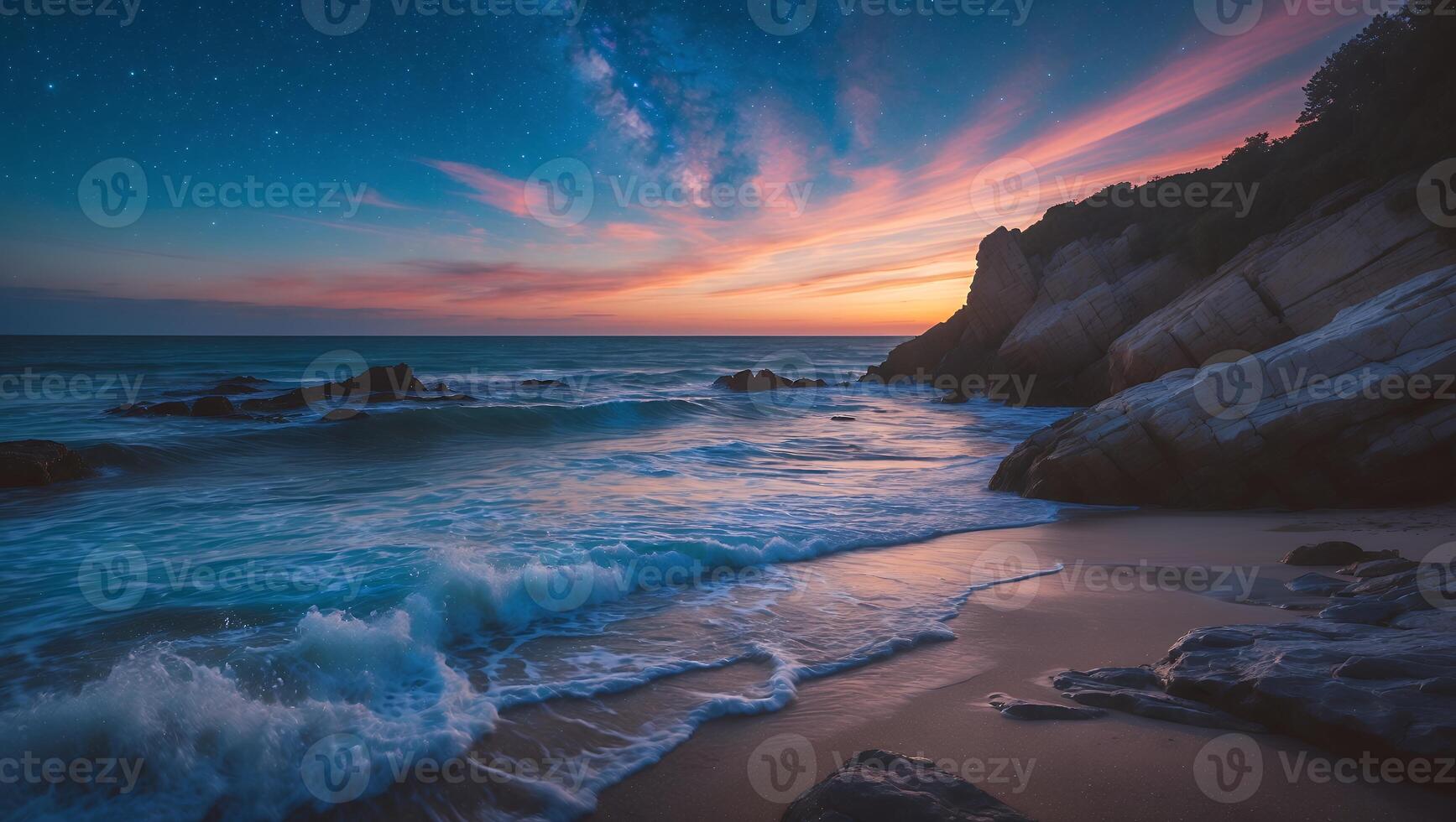 Ocean Waves Crashing on Sandy Beach at Sunset with Starry Sky photo