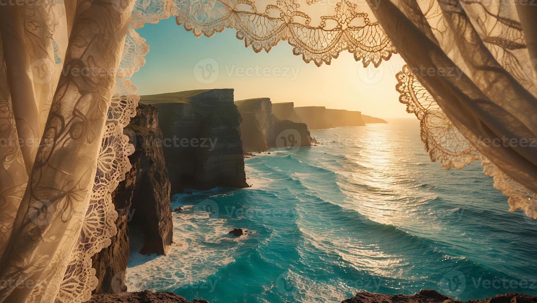 Cliffside Ocean View Framed by Elegant Lace Curtains at Sunset photo